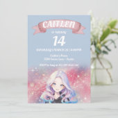 Anime Girl Pink Glitter Verjaardag Uitnodiging (Staand voorkant)