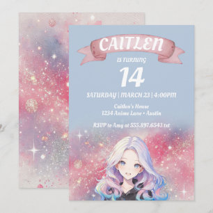 Anime Girl Pink Glitter Verjaardag Uitnodiging