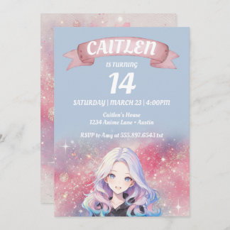 Anime Girl Pink Glitter Verjaardag Uitnodiging
