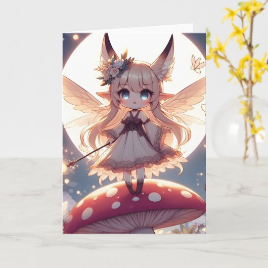 Anime Girl Pixie Hippie Moon Fairy Kaart (Gele Bloem)