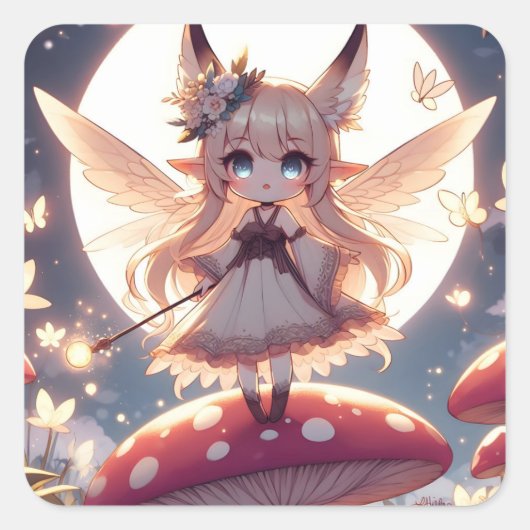 Anime Girl Pixie Hippie Moon Fairy Vierkante Sticker (Voorkant)