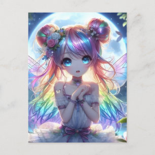 Anime Girl Rainbow Hair Singing Moon Fairy Briefkaart