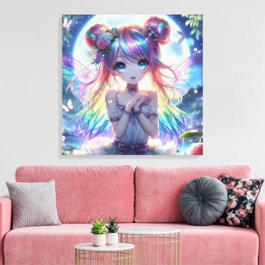 Anime Girl Rainbow Hair Singing Moon Fairy Canvas Afdruk (Insitu (Woonkamer))