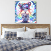 Anime Girl Rainbow Hair Singing Moon Fairy Canvas Afdruk (Insitu (Slaapkamer))