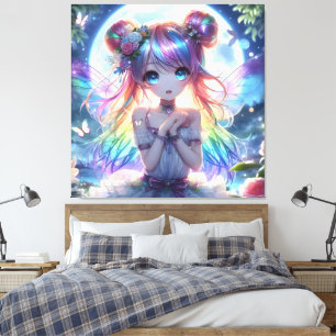 Anime Girl Rainbow Hair Singing Moon Fairy Canvas Afdruk