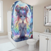 Anime Girl Rainbow Hair Singing Moon Fairy Douchegordijn (In situ)