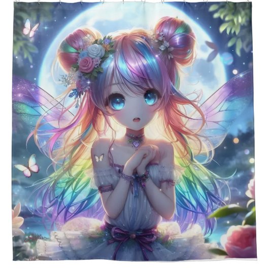 Anime Girl Rainbow Hair Singing Moon Fairy Douchegordijn (Voorkant)