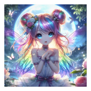 Anime Girl Rainbow Hair Singing Moon Fairy Foto Afdruk