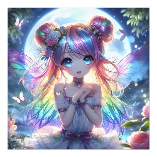 Anime Girl Rainbow Hair Singing Moon Fairy Foto Afdruk (Voorkant)