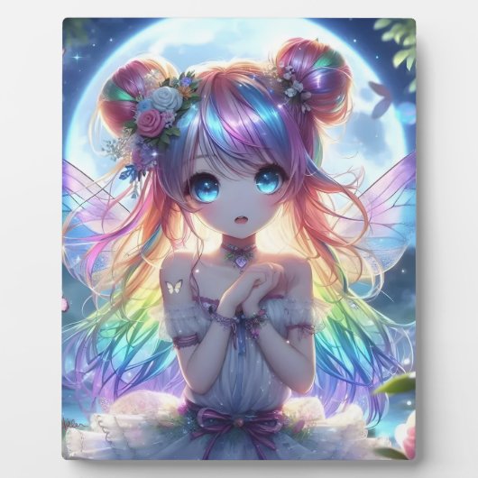Anime Girl Rainbow Hair Singing Moon Fairy Fotoplaat (Voorkant)