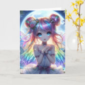 Anime Girl Rainbow Hair Singing Moon Fairy Kaart (Gele Bloem)