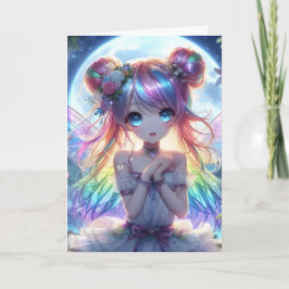 Anime Girl Rainbow Hair Singing Moon Fairy Kaart