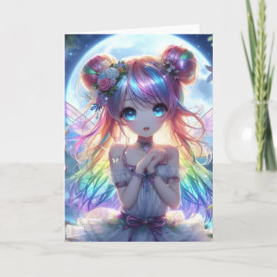 Anime Girl Rainbow Hair Singing Moon Fairy Kaart