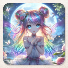 Anime Girl Rainbow Hair Singing Moon Fairy Kartonnen Onderzetters