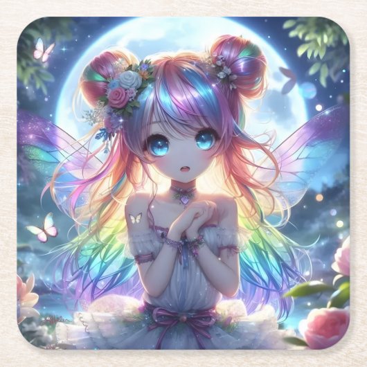 Anime Girl Rainbow Hair Singing Moon Fairy Kartonnen Onderzetters (Voorkant)