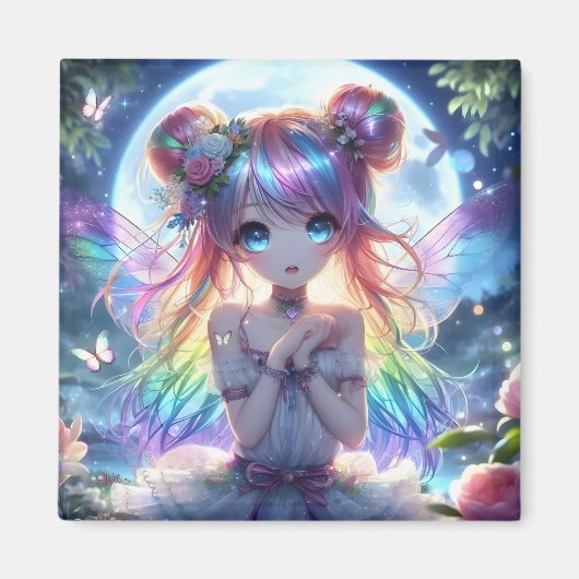Anime Girl Rainbow Hair Singing Moon Fairy Magneet (Voorkant)