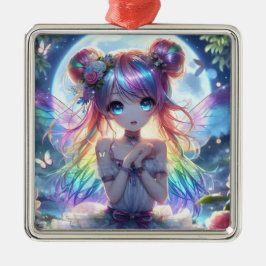 Anime Girl Rainbow Hair Singing Moon Fairy Metalen Ornament