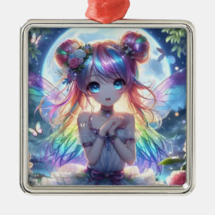 Anime Girl Rainbow Hair Singing Moon Fairy Metalen Ornament