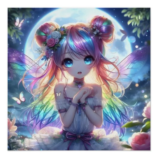Anime Girl Rainbow Hair Singing Moon Fairy Perfect Poster (Voorkant)