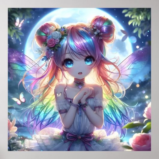 Anime Girl Rainbow Hair Singing Moon Fairy Poster (Voorkant)