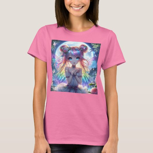 Anime Girl Rainbow Hair Singing Moon Fairy T-shirt (Voorkant)