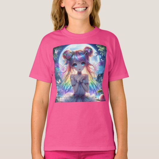 Anime Girl Rainbow Hair Singing Moon Fairy T-shirt (Voorkant)