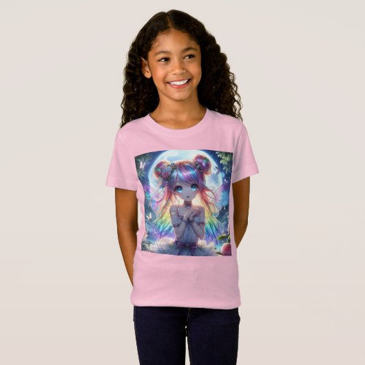 Anime Girl Rainbow Hair Singing Moon Fairy T-shirt (Voorkant volledig)
