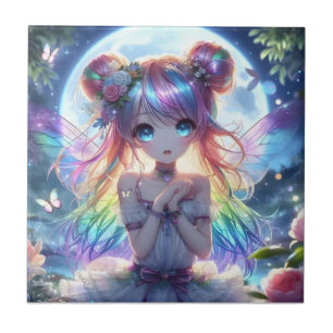 Anime Girl Rainbow Hair Singing Moon Fairy Tegeltje