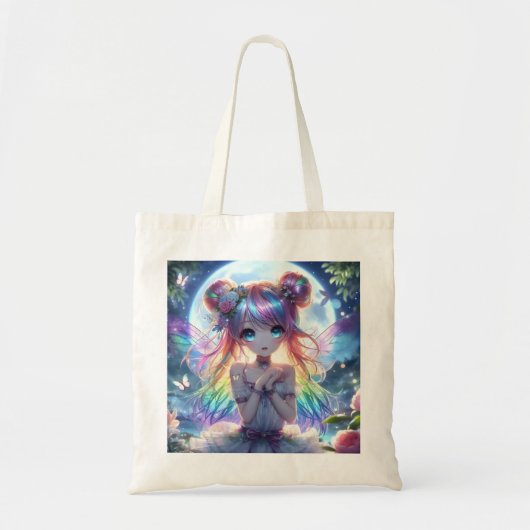 Anime Girl Rainbow Hair Singing Moon Fairy Tote Bag (Voorkant)