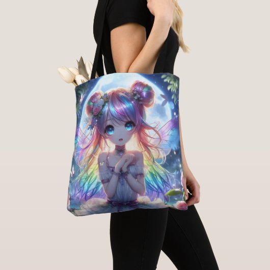 Anime Girl Rainbow Hair Singing Moon Fairy Tote Bag (Dichtbij)
