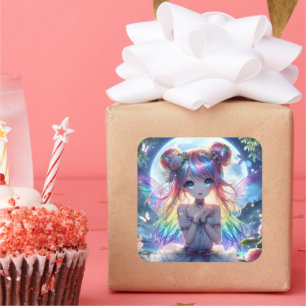 Anime Girl Rainbow Hair Singing Moon Fairy Vierkante Sticker