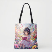 Anime Girl Reading in Flowers and Musical Notes Tote Bag (Voorkant)
