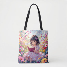 Anime Girl Reading  in Flowers and Musical Notes Tote Bag