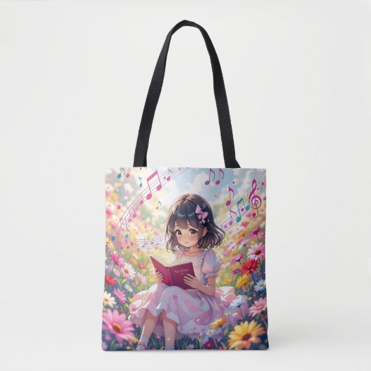 Anime Girl Reading  in Flowers and Musical Notes Tote Bag (Voorkant)