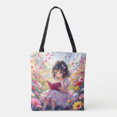 Anime Girl Reading  in Flowers and Musical Notes Tote Bag (Achterkant)