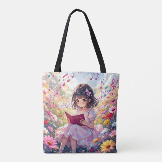 Anime Girl Reading in Flowers and Musical Notes Tote Bag (Achterkant)