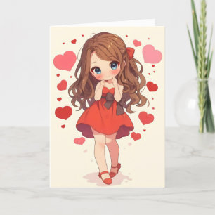 Anime Girl Red Chibi Heart Feestdagen Kaart