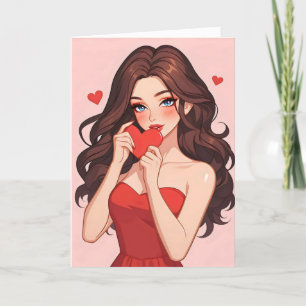 Anime Girl Schattige Love Pink Feestdagen Kaart