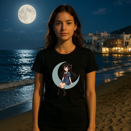 Anime Girl Sitting On A Crescent Moon T-shirt