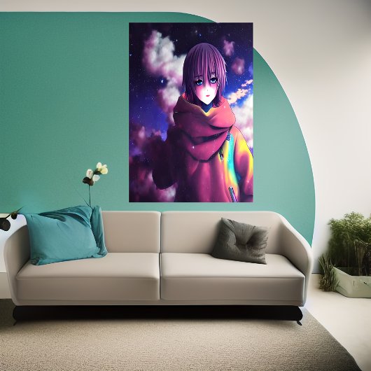Anime girl, sterren en cloud | AI Art Poster