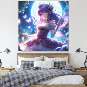 Anime Girl Violet Butterfly Wing Moon Fairy Canvas Afdruk