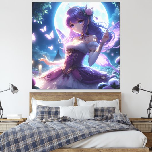 Anime Girl Violet Butterfly Wing Moon Fairy Canvas Afdruk (Insitu (Slaapkamer))