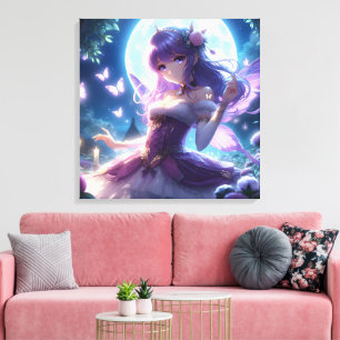 Anime Girl Violet Butterfly Wing Moon Fairy Canvas Afdruk