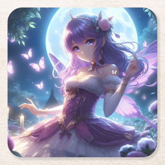 Anime Girl Violet Butterfly Wing Moon Fairy Kartonnen Onderzetters (Voorkant)