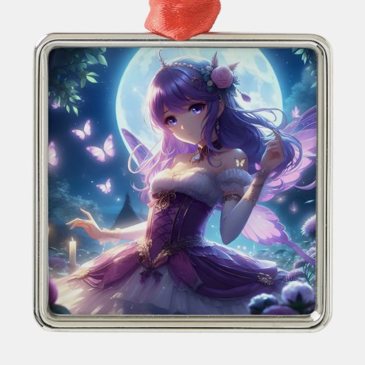 Anime Girl Violet Butterfly Wing Moon Fairy Metalen Ornament (Voorkant)