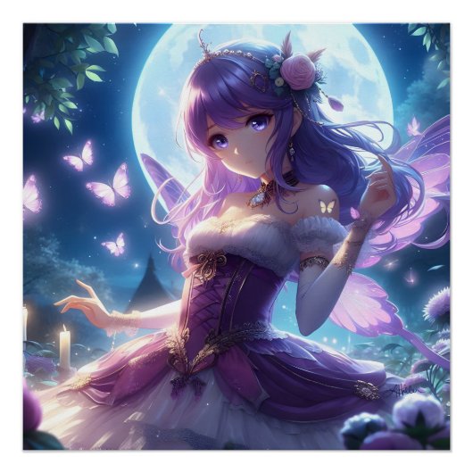 Anime Girl Violet Butterfly Wing Moon Fairy Perfect Poster (Voorkant)