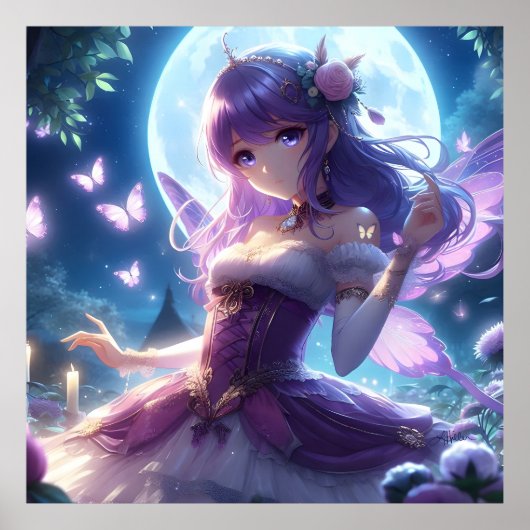 Anime Girl Violet Butterfly Wing Moon Fairy Poster (Voorkant)