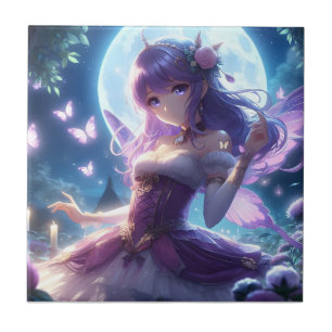 Anime Girl Violet Butterfly Wing Moon Fairy Tegeltje