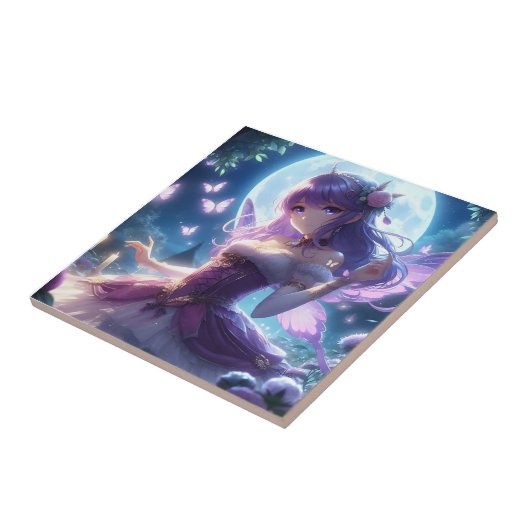 Anime Girl Violet Butterfly Wing Moon Fairy Tegeltje (Zijkant)