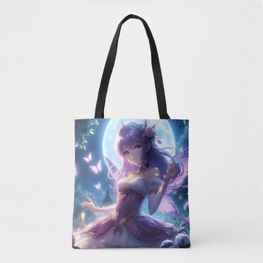 Anime Girl Violet Butterfly Wing Moon Fairy Tote Bag (Voorkant)